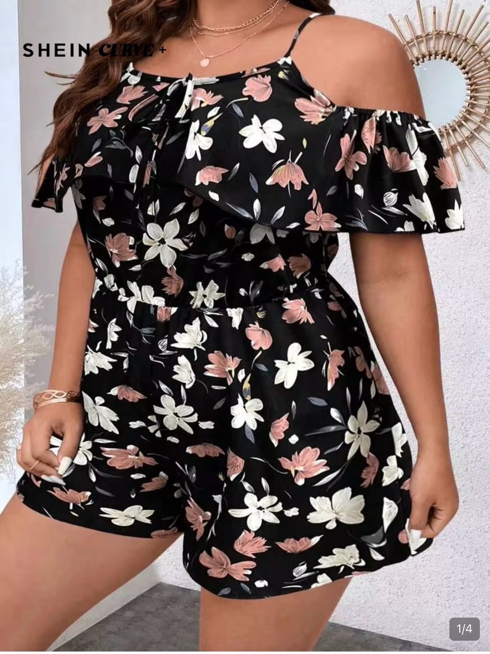 SHEIN Black Floral Cold-Shoulder Romper with Pink & Cream Blooms